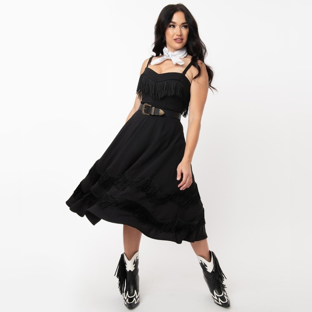 NWOT Unique Vintage Black Fringe Girlie Swing Dress